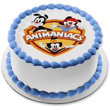 White cake with blue frosting border and Animaniacs cartoon characters edible image topper
