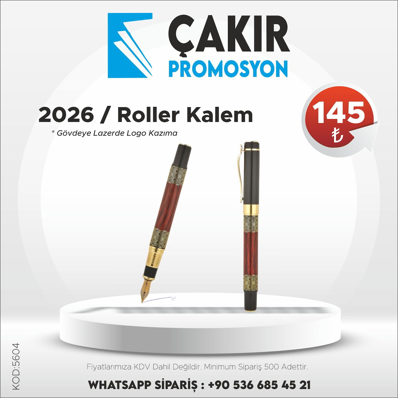 Promotional image of two roller pens on a white pedestal with Turkish text and a red price badge