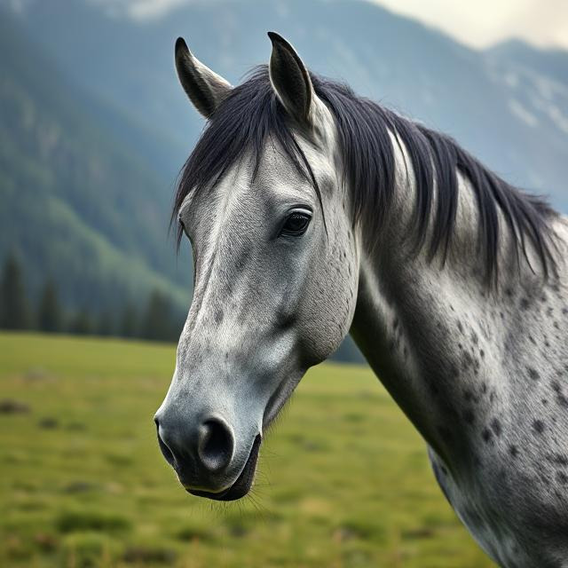Gray dappled horse with white face markings in mountain meadow