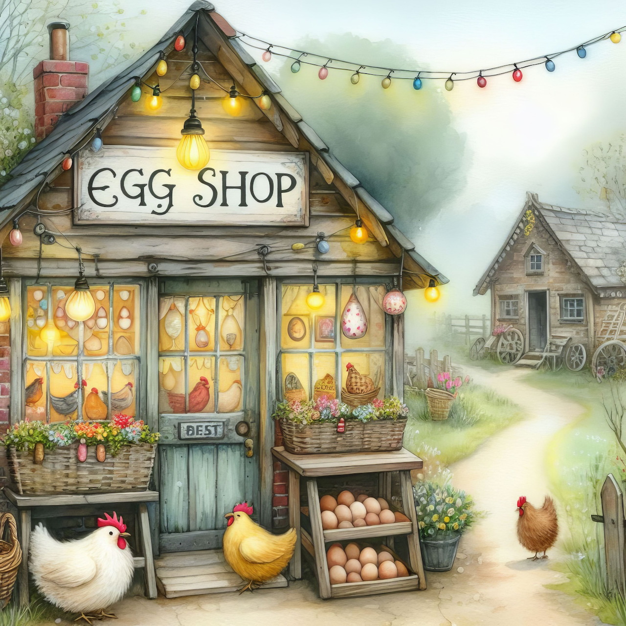 Watercolor illustration of a cozy rustic egg shop with chickens, string lights, and a country path