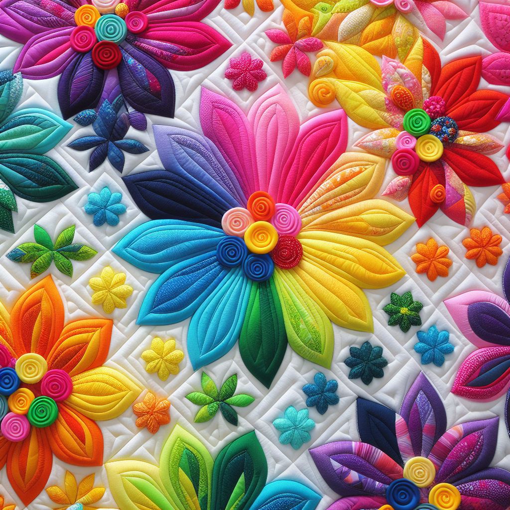 Colorful 3D paper quilled flowers with rainbow petals and button centers arranged on white surface