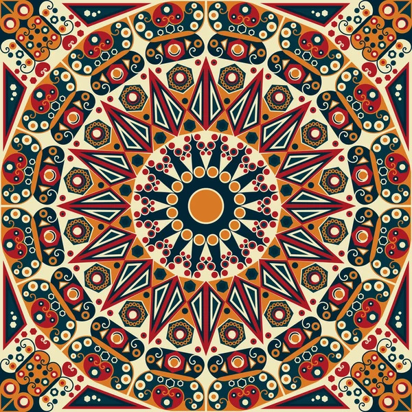 Symmetrical mandala with geometric patterns in orange, red, cream, and navy blue radiating from center