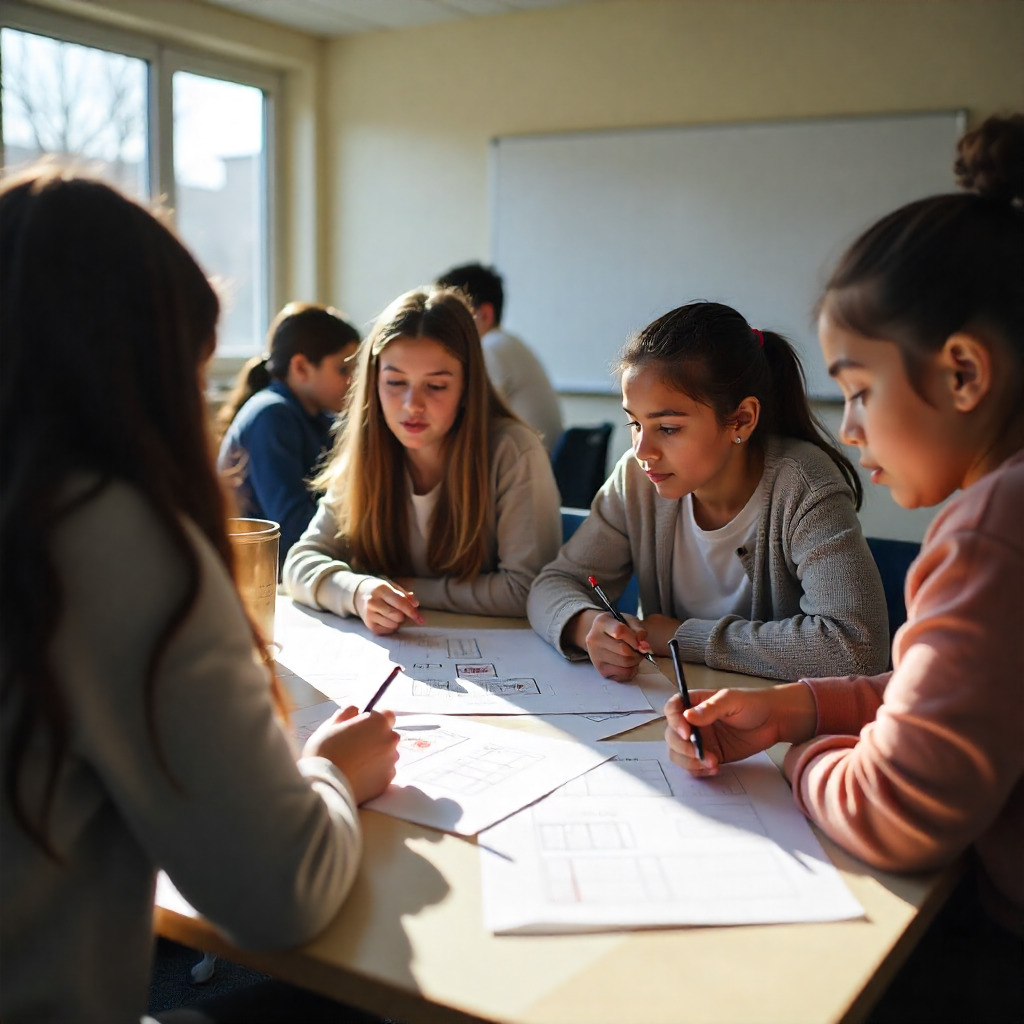 Schoolgirls sitting around a classroom table, writing and drawing on papers