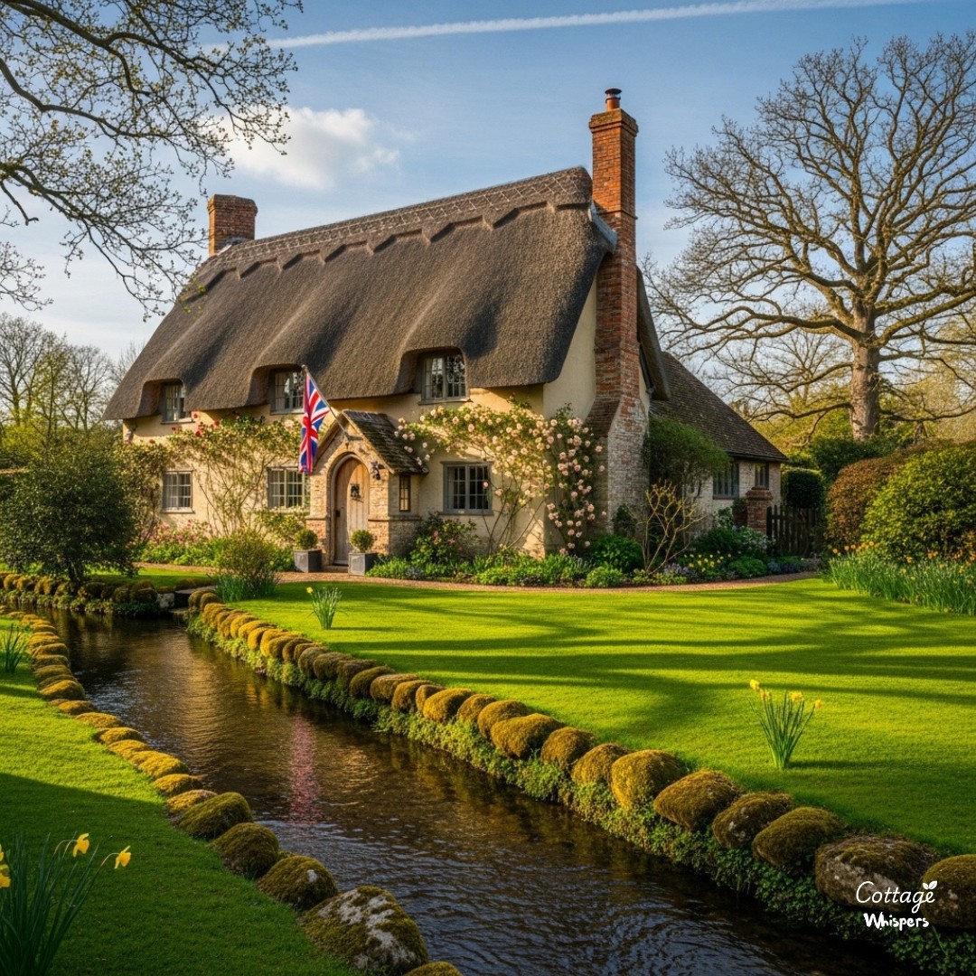 Thatched cottage with stone walls beside a winding stream through green lawn