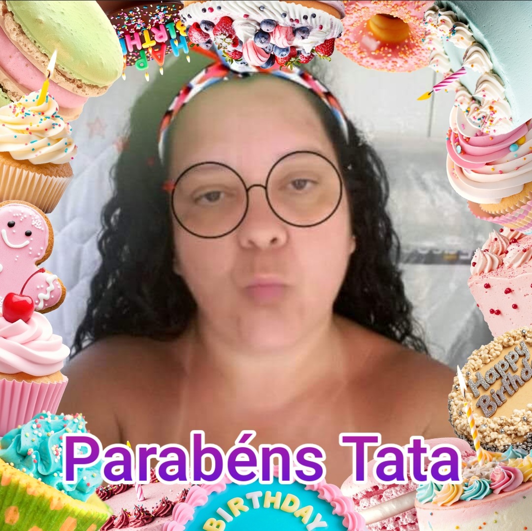 Woman with glasses in a birthday-themed frame of cupcakes and donuts with Parabéns Tata text