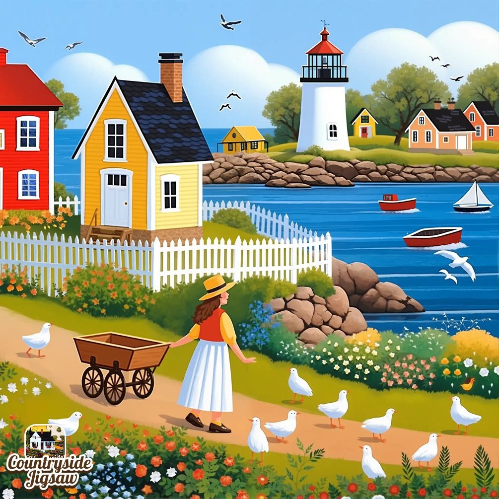 Illustrated coastal village with colorful houses, lighthouse, boats, and woman tending geese by waterfront