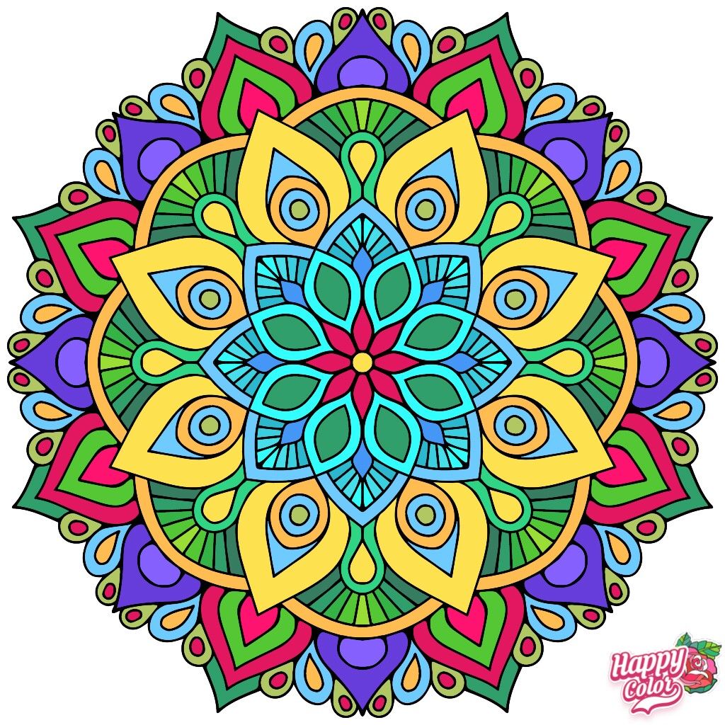 Colorful symmetrical mandala with layered floral and geometric patterns radiating from a central red flower