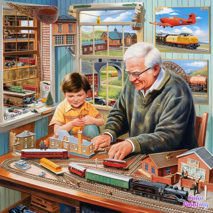 Older man and young boy working on a model train set in a workshop