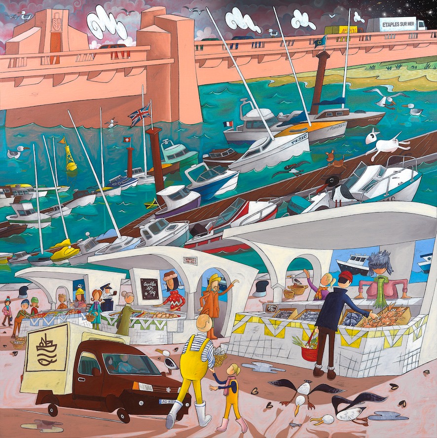 Colorful illustration of harbor with pink bridge, boats, and market scene