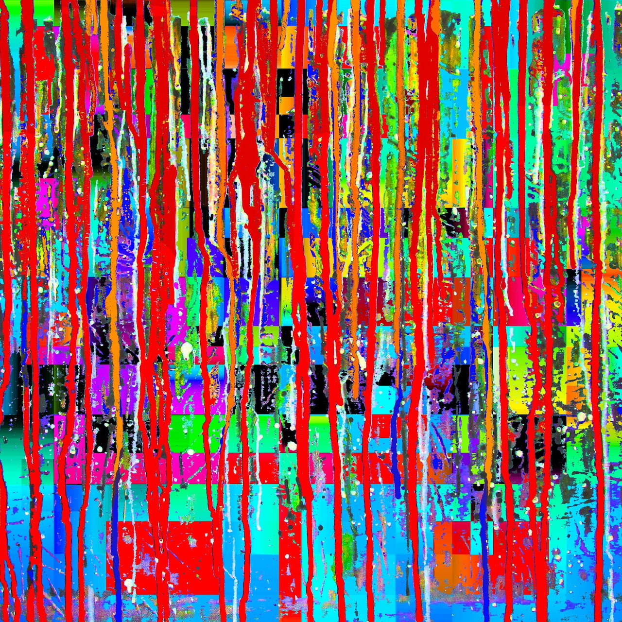 Abstract painting with vibrant vertical paint drips in red, blue, green, and multiple bright colors on textured background