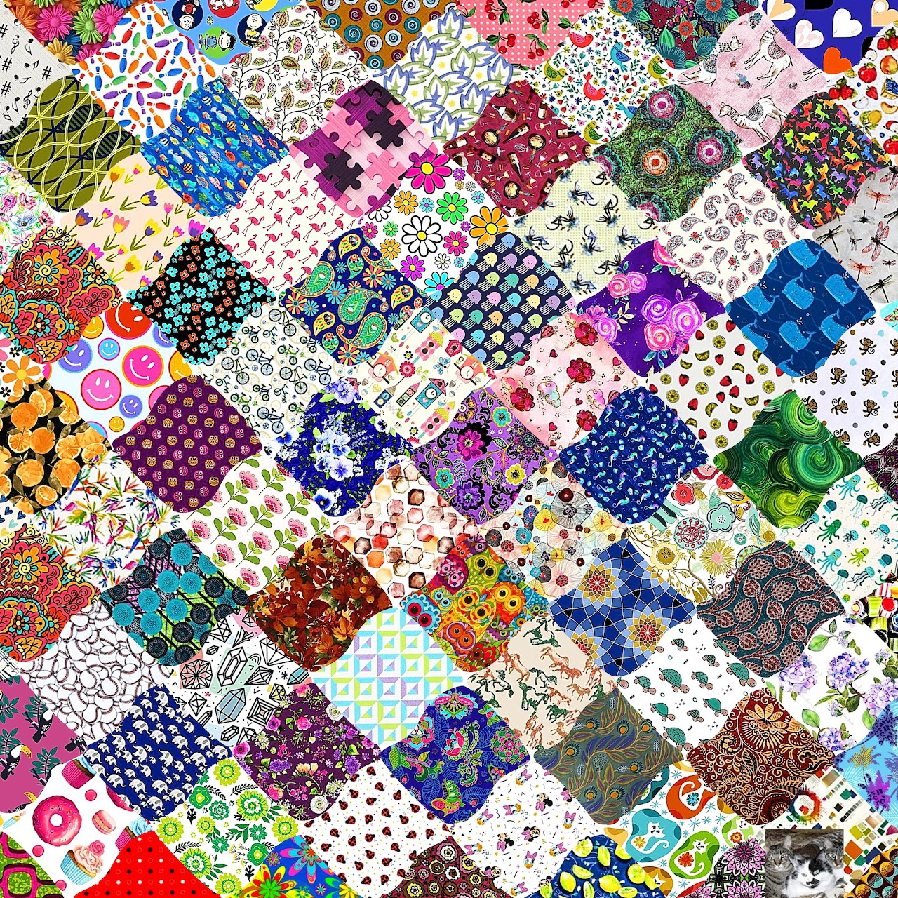 Colorful hexagonal patchwork quilt with various patterns and designs in bright colors