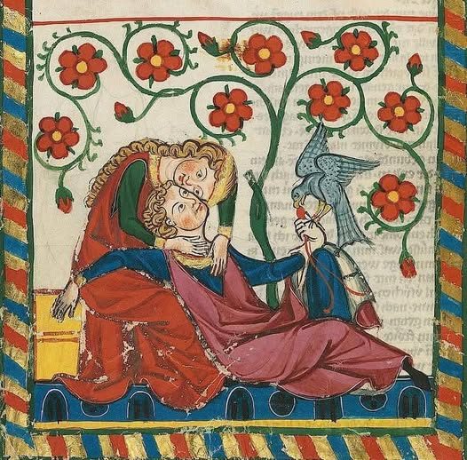 Medieval manuscript illustration of a reclining couple under red flowers and curling green vines