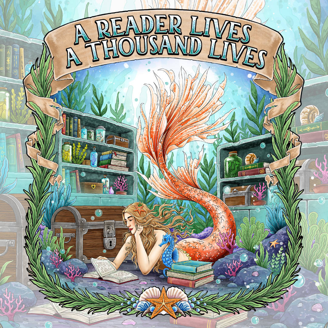 Illustrated mermaid reading a book in an underwater library surrounded by shelves, sea plants, and coral