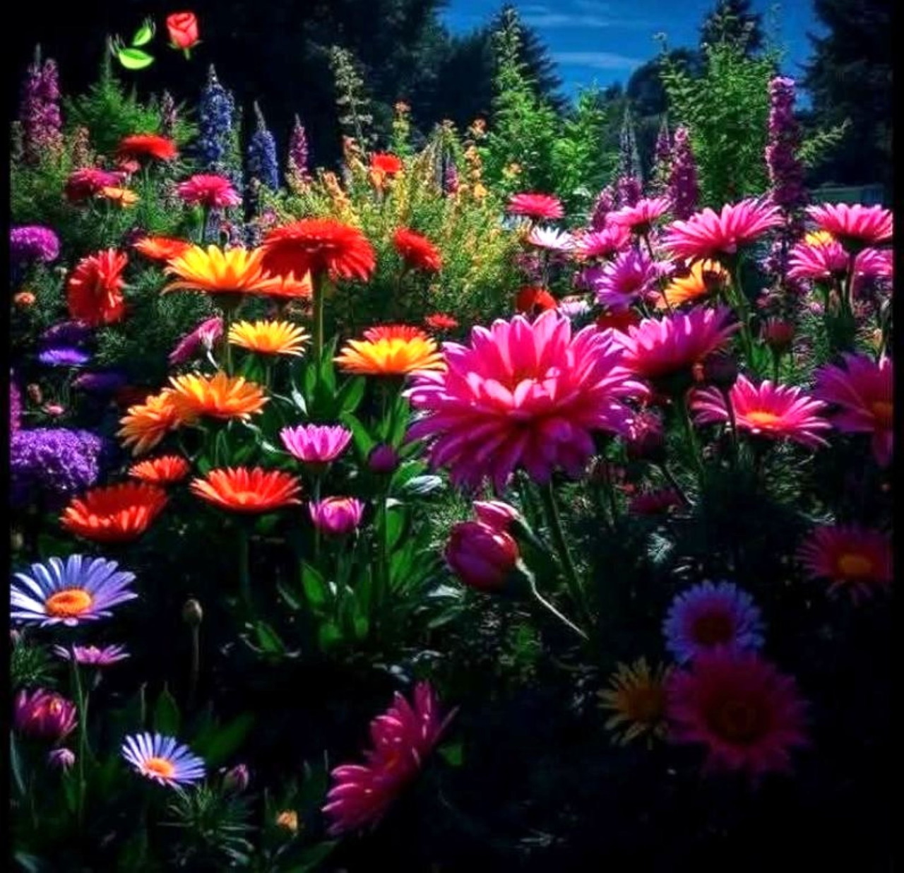 Bright multicolored daisies and wildflowers blooming in a lush garden with trees in the background