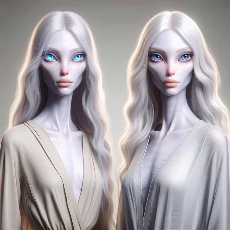Two pale alien women with long white hair and blue eyes in a futuristic portrait
