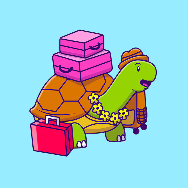 Cartoon turtle with pink suitcases and a red bag on a blue background