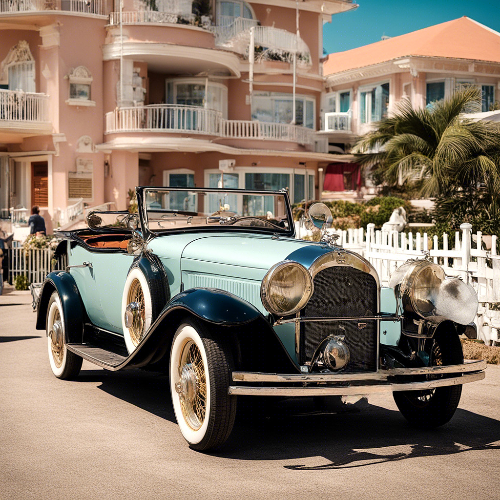 Classic blue and cream vintage convertible car parked at a tropical hotel entrance