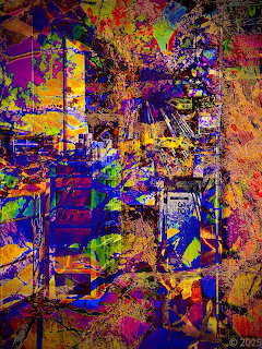 Colorful abstract digital collage with layered geometric shapes and vivid mixed colors