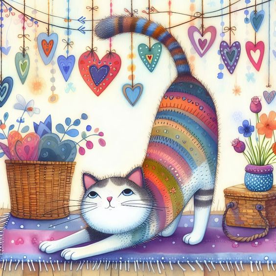 Colorful striped cat with rainbow pattern sitting among hanging hearts and flower arrangements