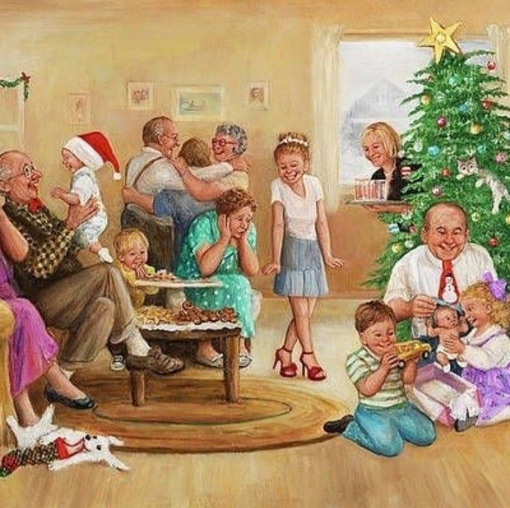 Multi-generational family celebrating Christmas together in a cozy living room with decorated tree