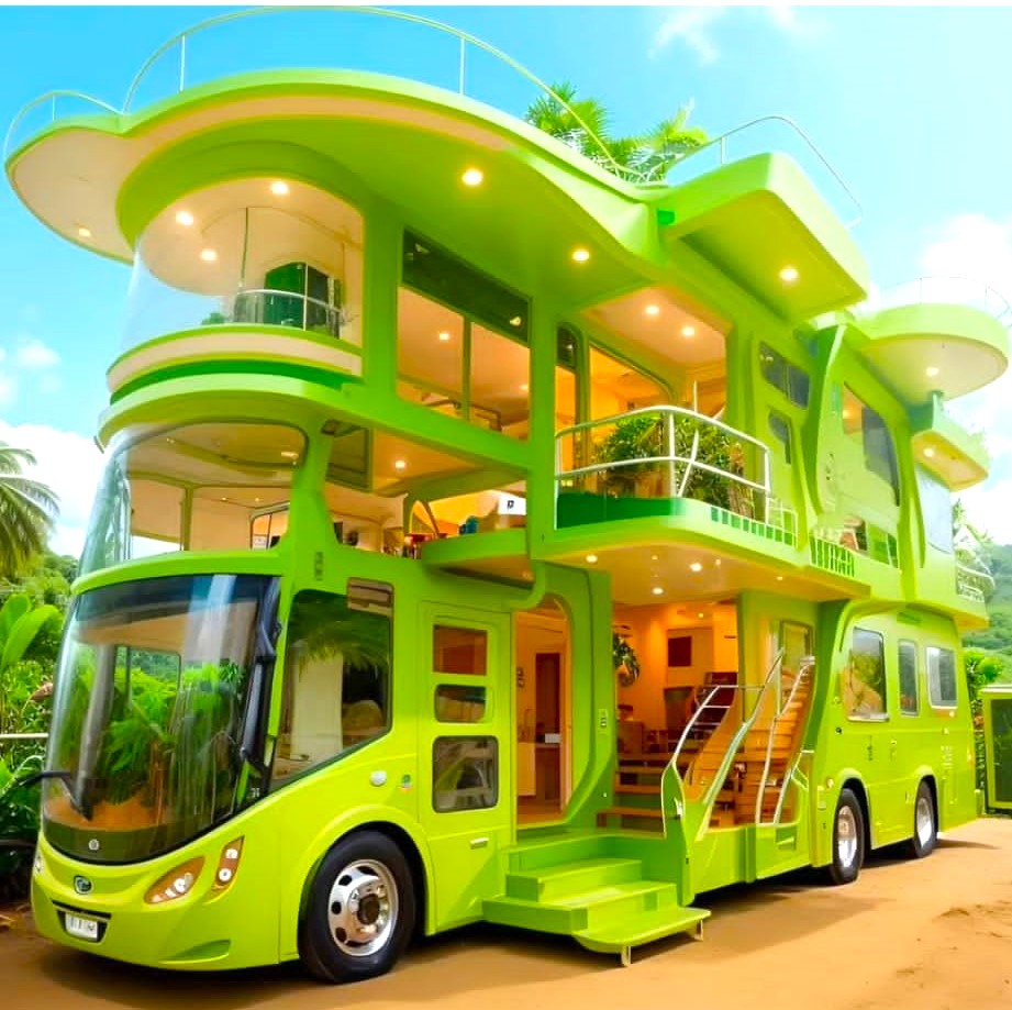 Bright green bus converted into a whimsical multi-level mobile home with curved balconies and plants