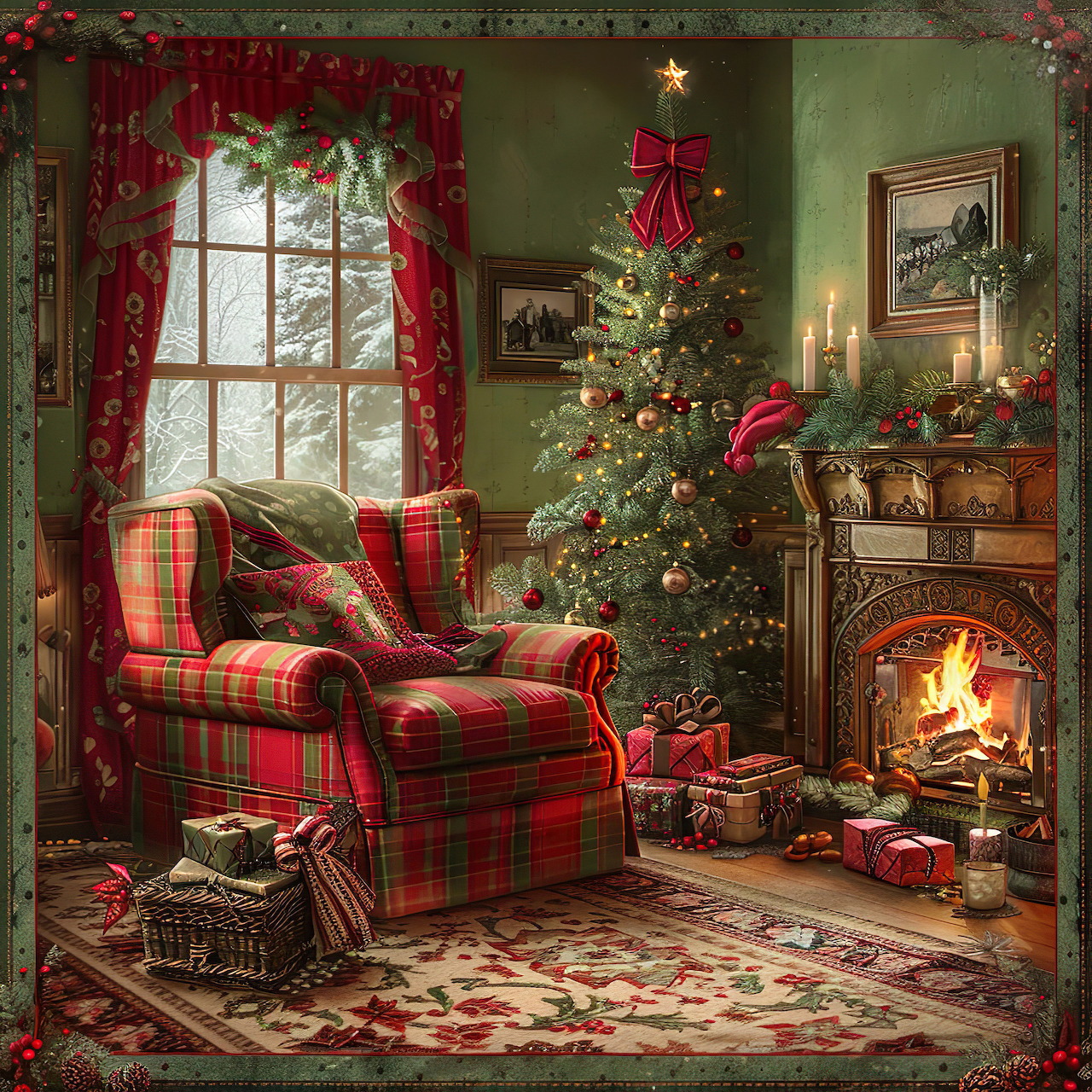 Cozy Christmas room with decorated tree, plaid chair, fireplace, red curtains, and presents