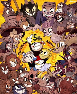 Cuphead and Mugman in center surrounded by many cartoon characters celebrating a 5th anniversary