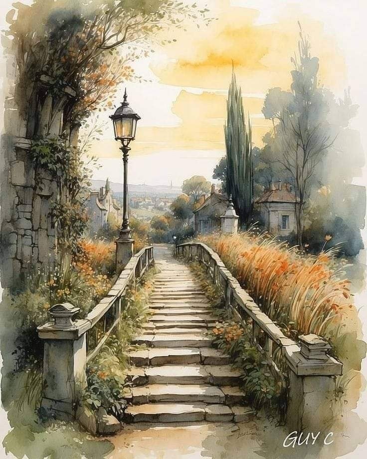 Watercolor painting of wooden bridge with lamppost in misty landscape with cypress trees and autumn grass