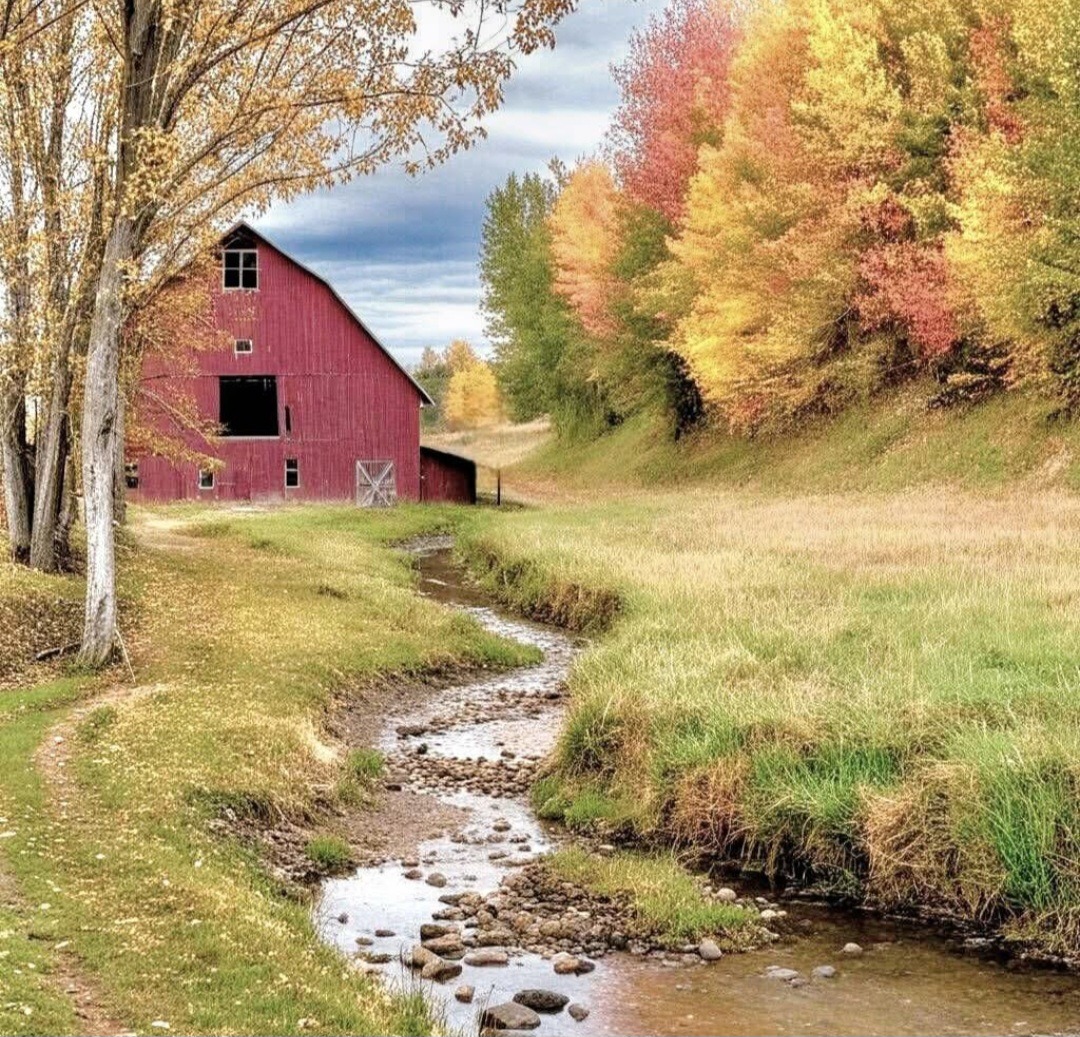 Red barn near stream in autumn field with colorful trees