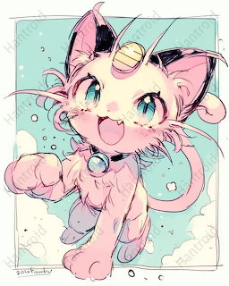 Illustration of pink Meowth Pokemon character in cheerful pose with coin charm and bubbles on mint background
