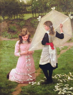 Victorian painting of two children outdoors, girl in pink dress and boy holding a white kite