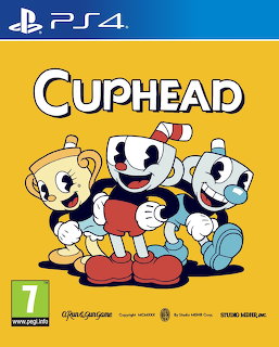 Cuphead PS4 cover art with Cuphead, Mugman, and Ms. Chalice on a yellow background