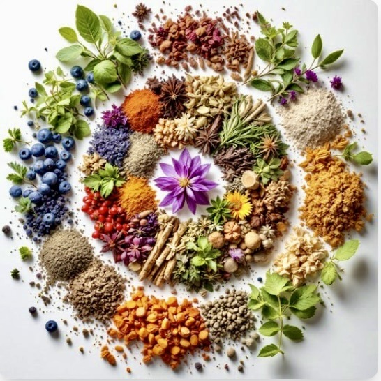 Colorful circular mandala of herbs, spices, seeds, and flowers arranged by hue on white background