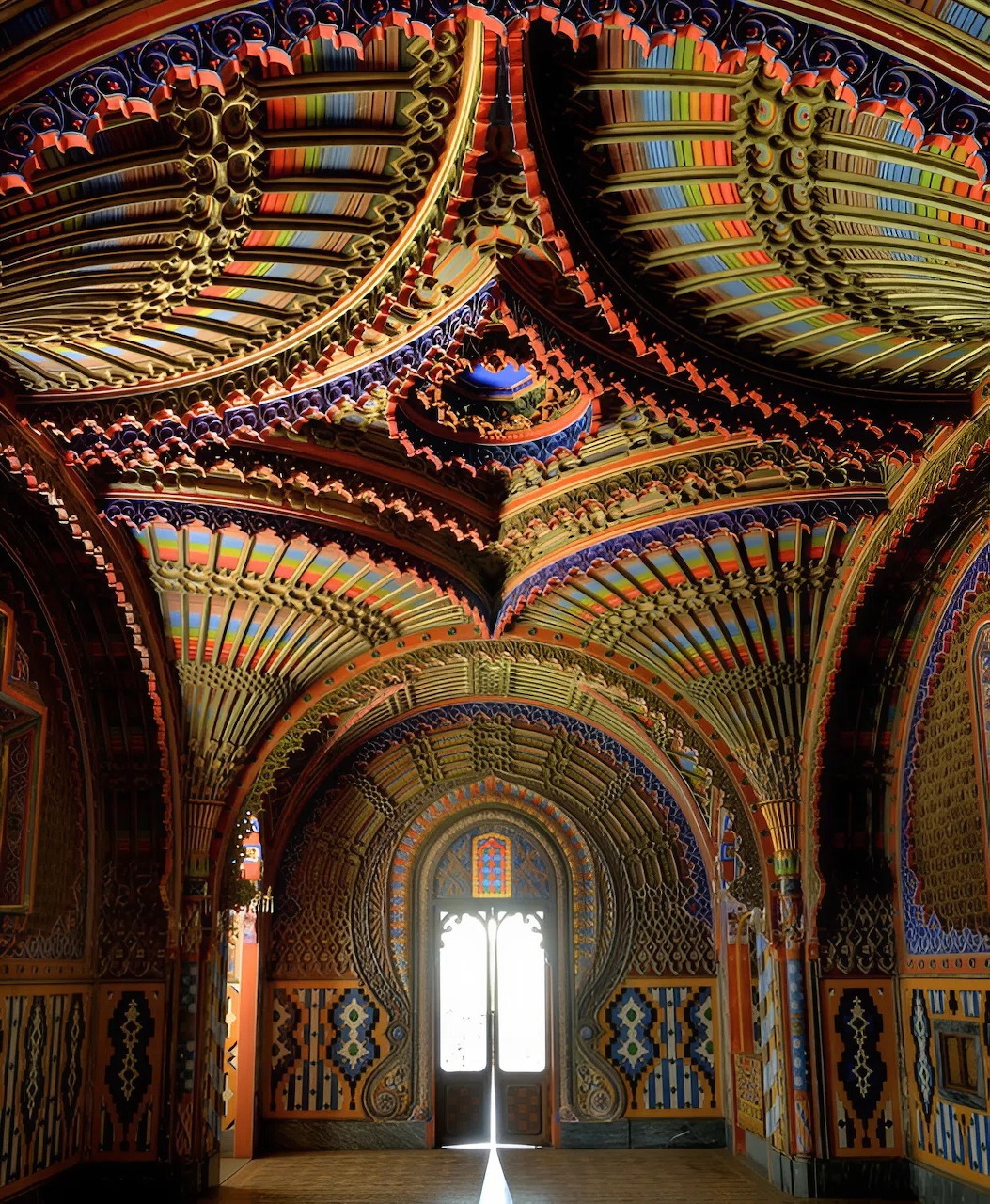 Intricate multicolored arched ceiling and walls of Castello di Sammezzano, Tuscany, Italy