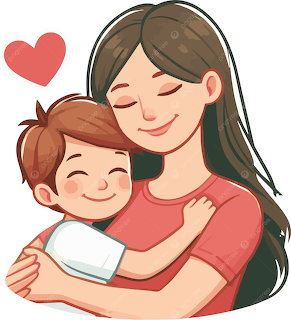 Cartoon illustration of a mother hugging her child with a red heart above them