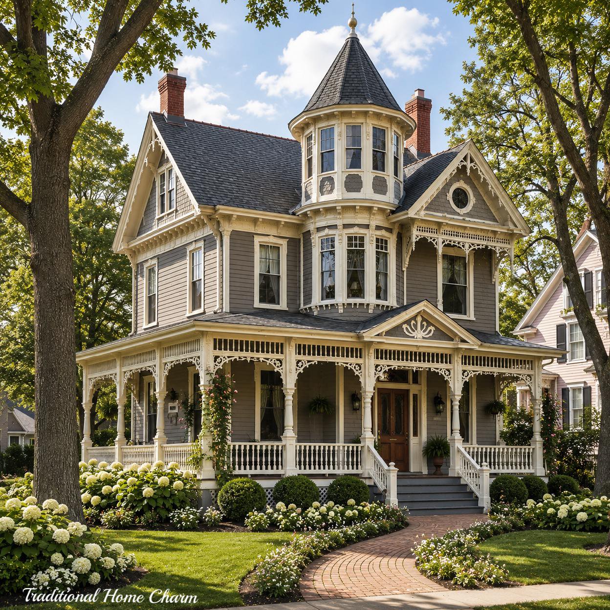 Victorian house with turret, wraparound porch, and manicured garden