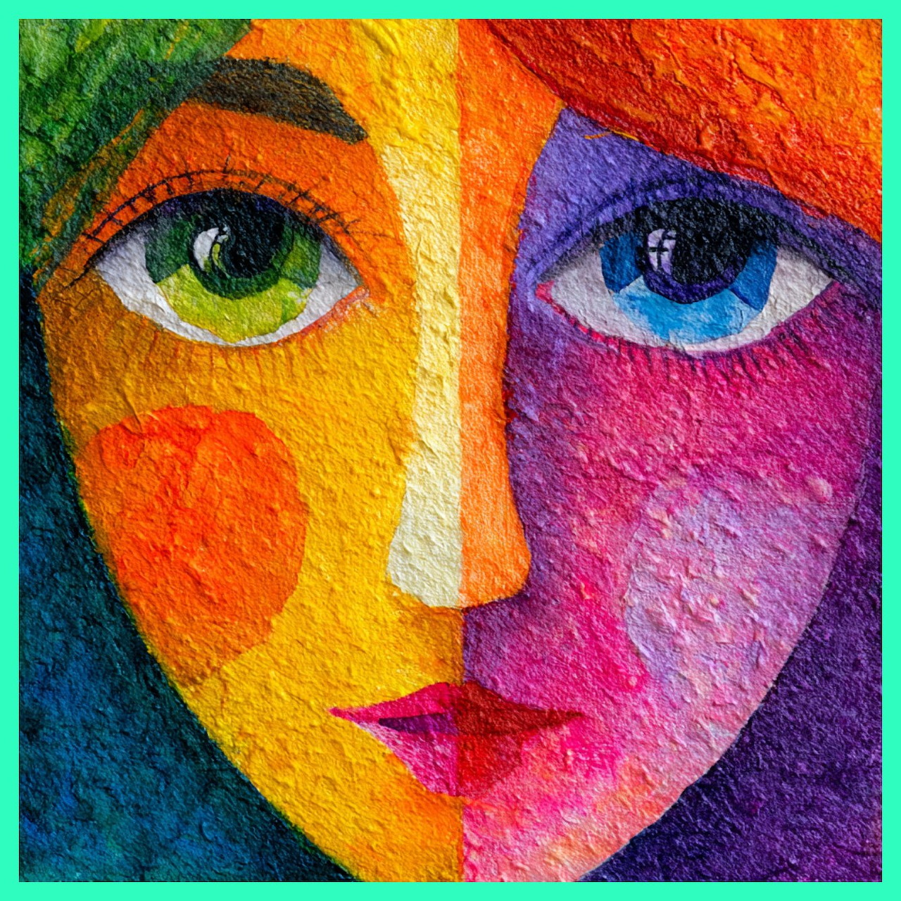 Colorful abstract painting of a girl's face with green and blue eyes