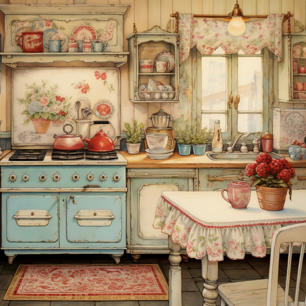 Vintage country kitchen with turquoise stove, farmhouse sink, floral decorations, and rustic wooden shelves
