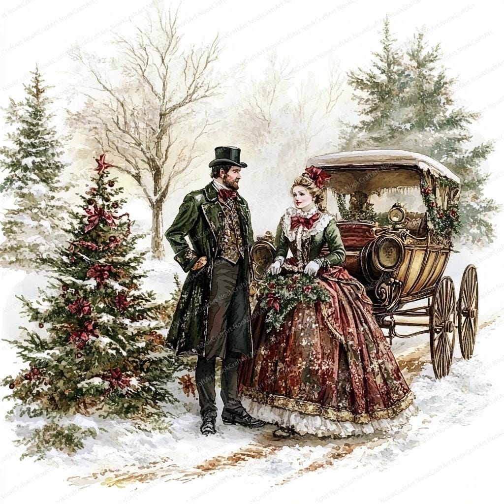 Victorian couple in formal dress next to carriage in snow with pine trees