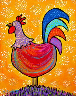 Colorful folk art painting of a rooster with red, blue, purple and pink feathers on orange doted background