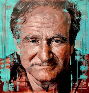 Painted close-up portrait of Robin Williams against a teal textured background