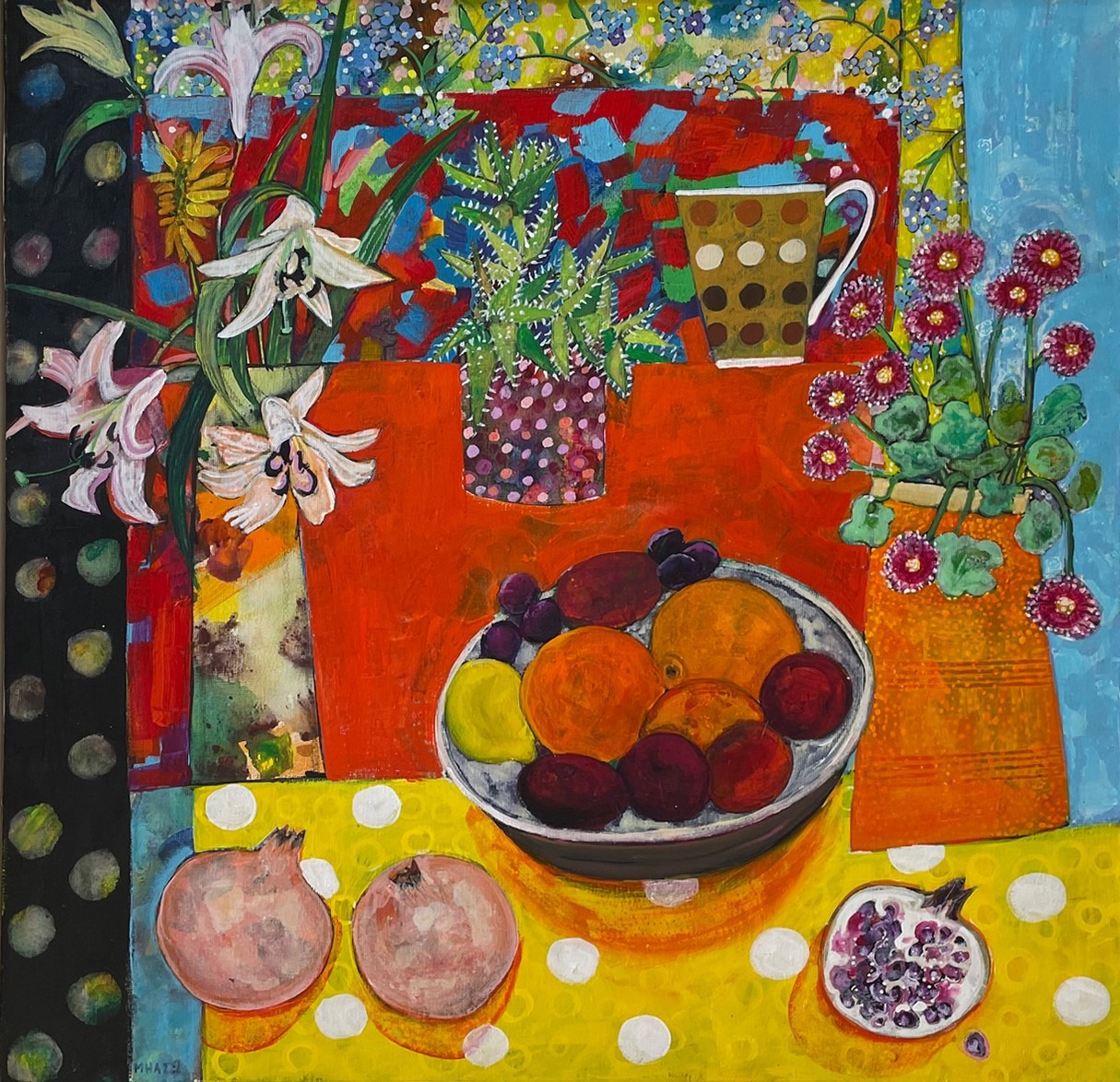 Colorful still life painting with lilies, pomegranates, fruit bowl and vase on patterned table