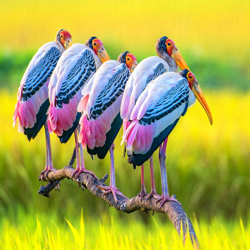 Four painted storks with white, blue and pink feathers perched on a branch against yellow-green background