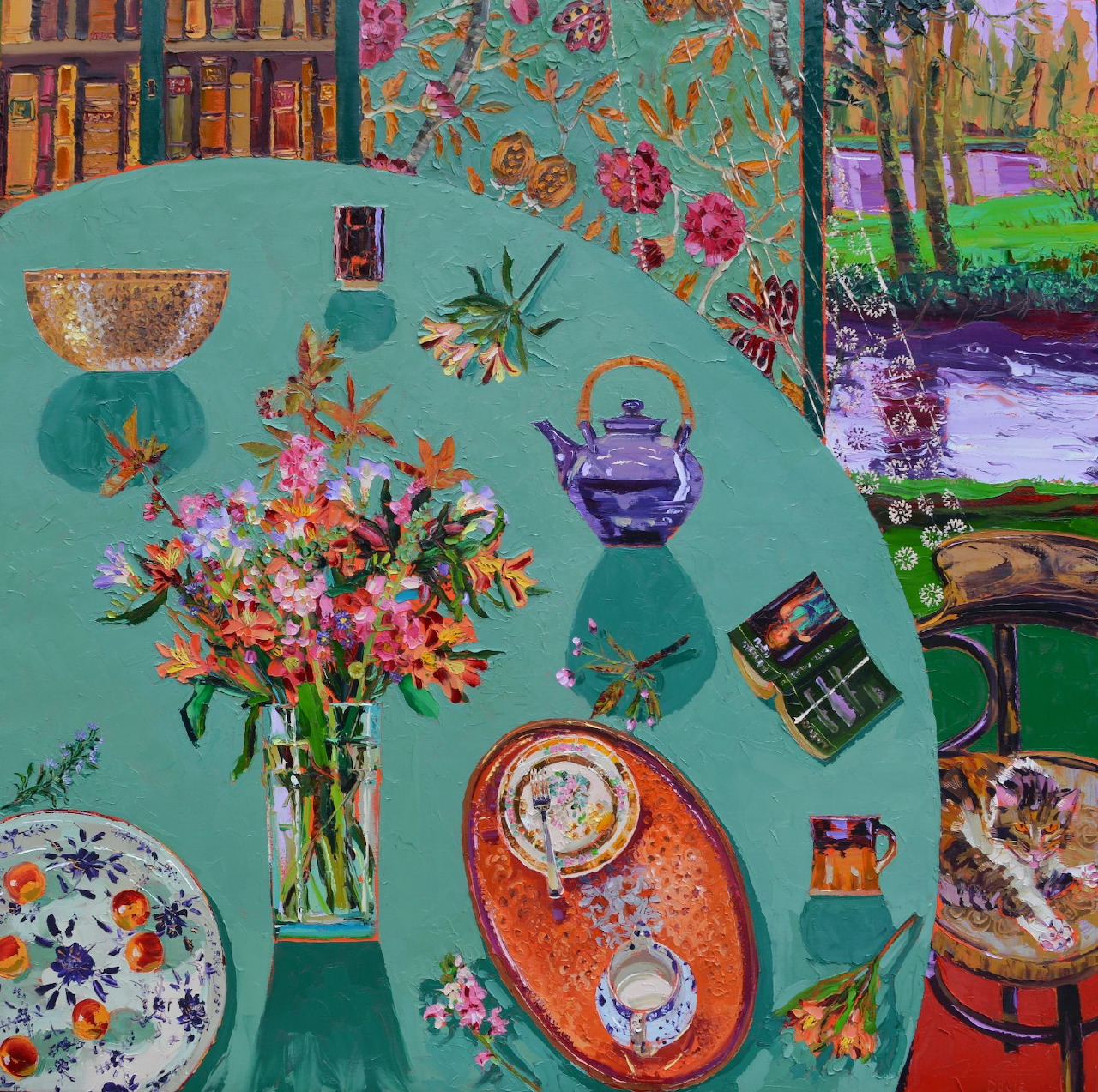 Still life painting with flowers, plates, and objects on turquoise table against floral wallpaper