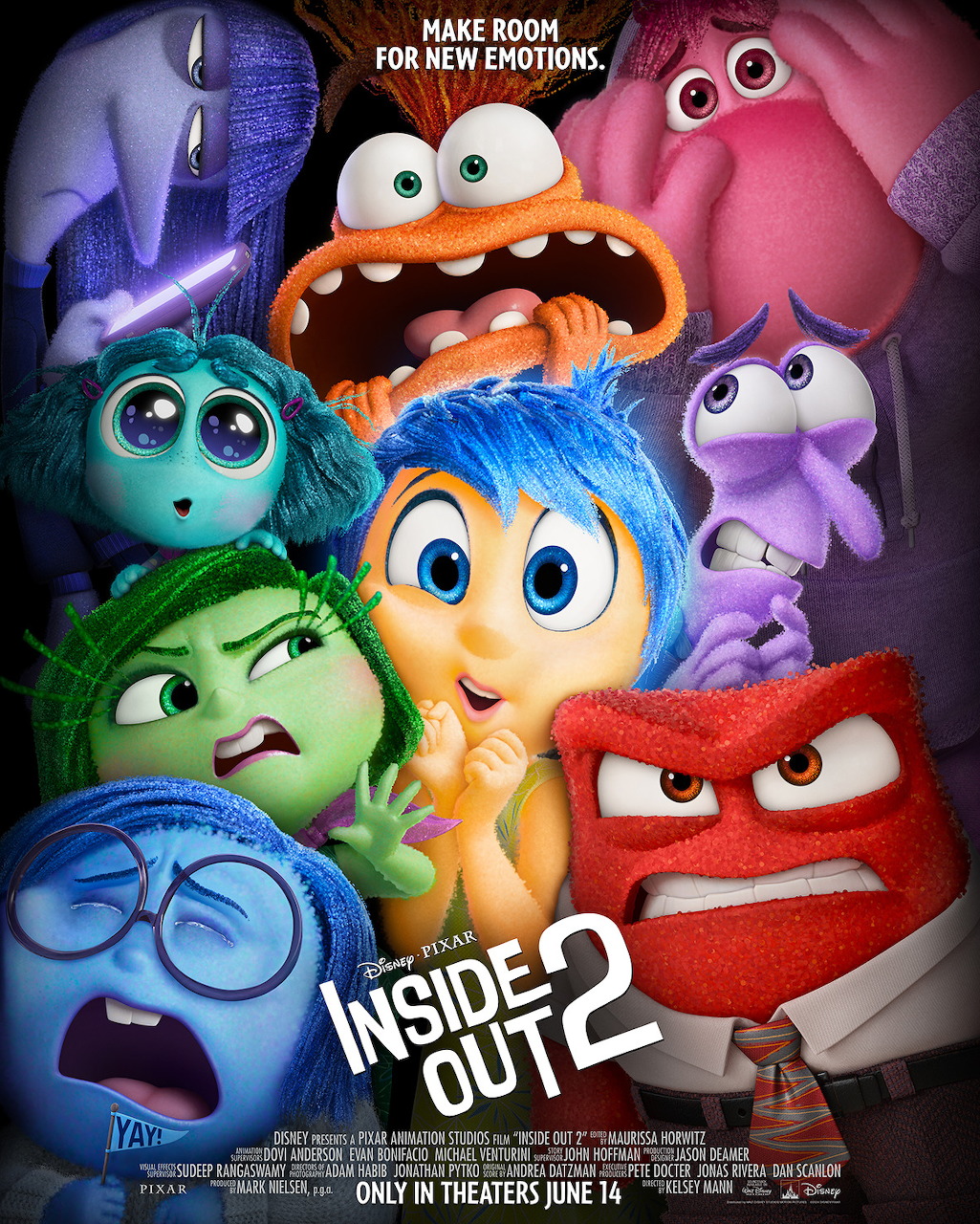 Inside Out 2 movie poster showing vibrant cartoon emotion characters in various colors against a dark background