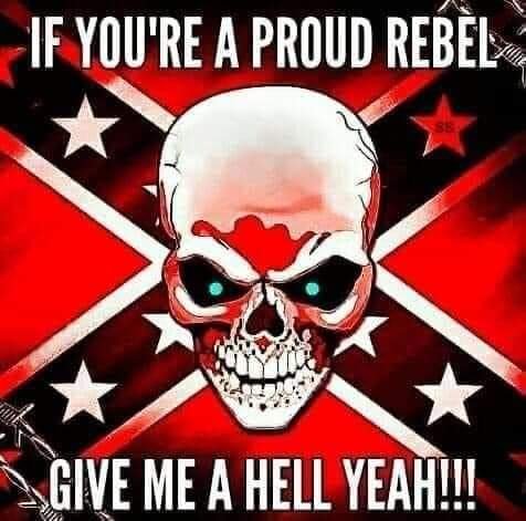 White skull with glowing eyes on a red rebel flag background with bold text