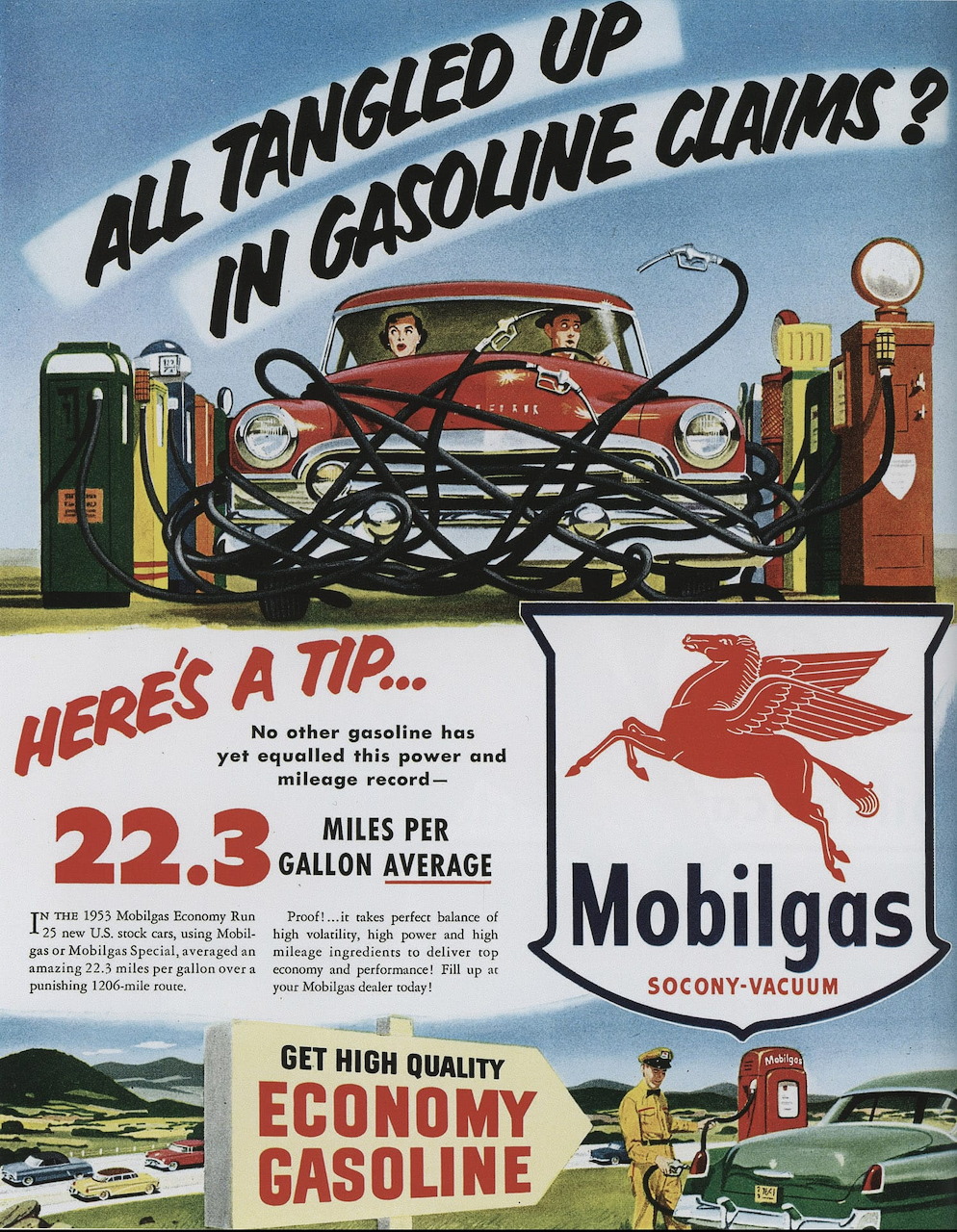 Vintage Mobilgas advertisement with tangled car at gas pump, Pegasus logo, and economy gasoline promotion.