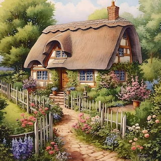 Thatched Cottage Garden Painting