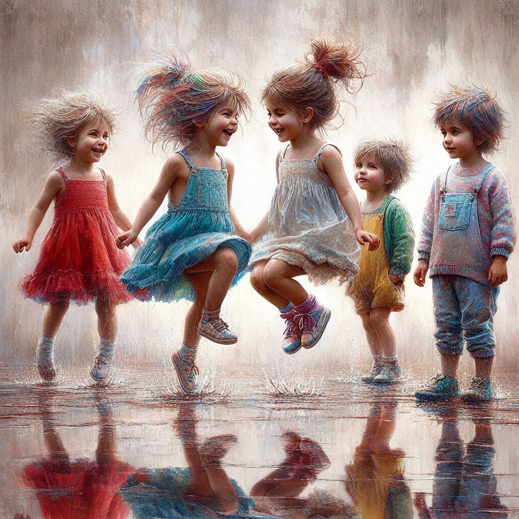 Five children in bright dresses dancing joyfully on wet ground with artistic painterly background