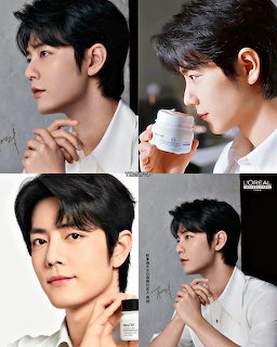 Four-panel collage of a young Asian male model with black hair posing with skincare products